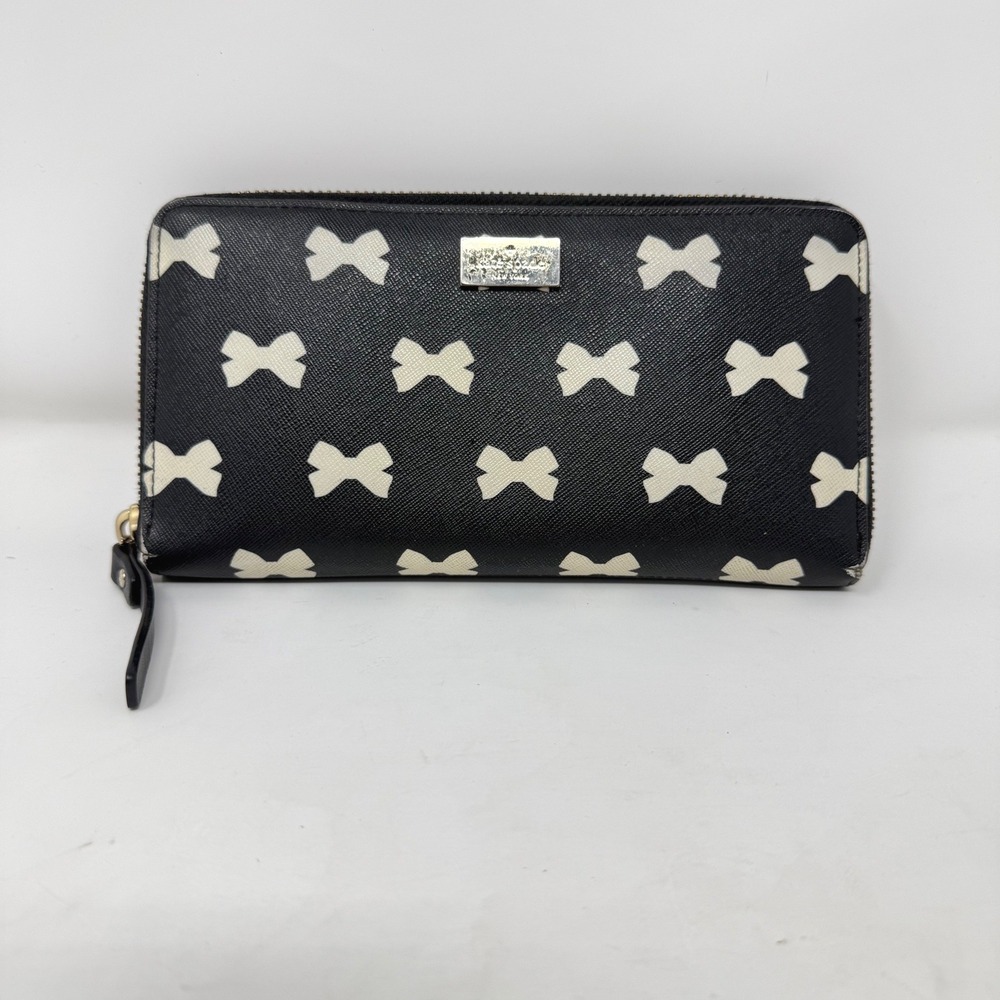 Kate Spade Zip Around Wallet Black Cream Bow Saffiano Leather Preppy Coquette